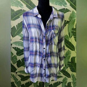 Rails Hunter Plaid Long Sleeve Button Down Blouse Size M white blue